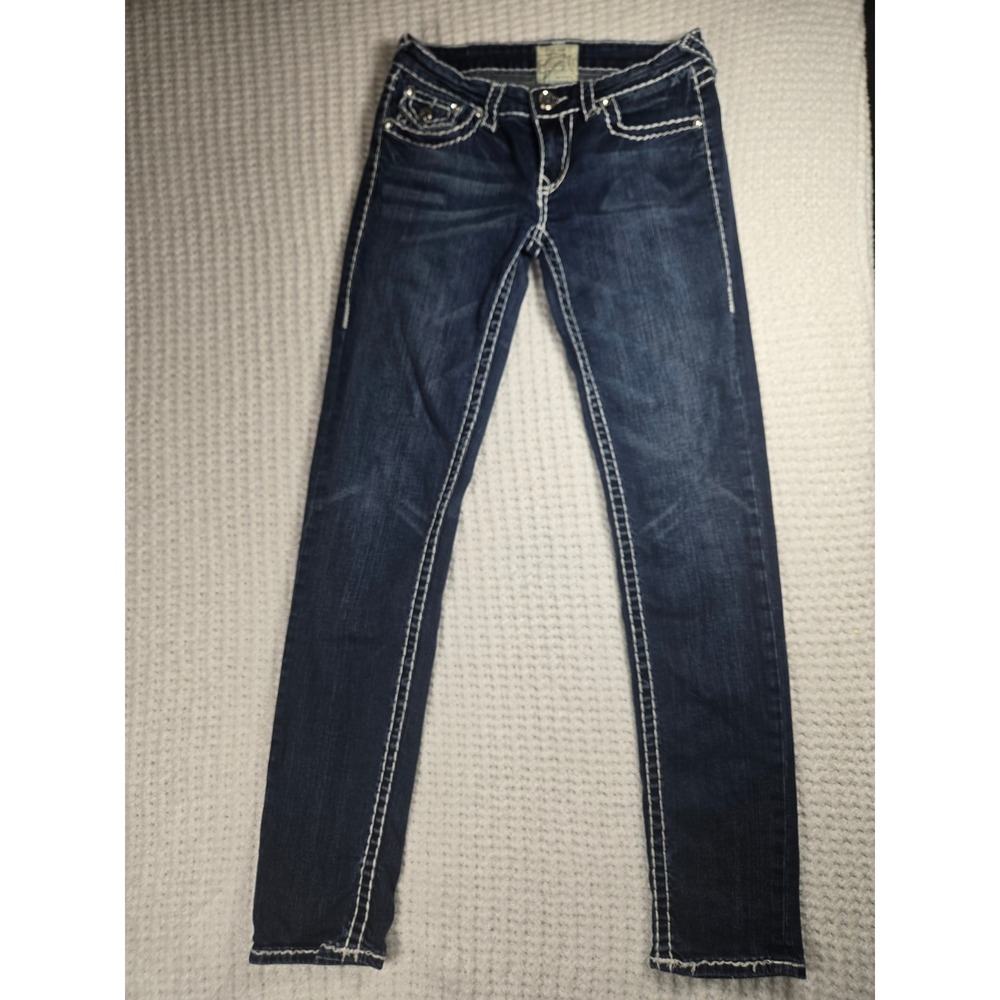 LA Idol USA Blue Denim Thickโ Stitch Crystal Low Rise Skinny Jeans Womens Size 7